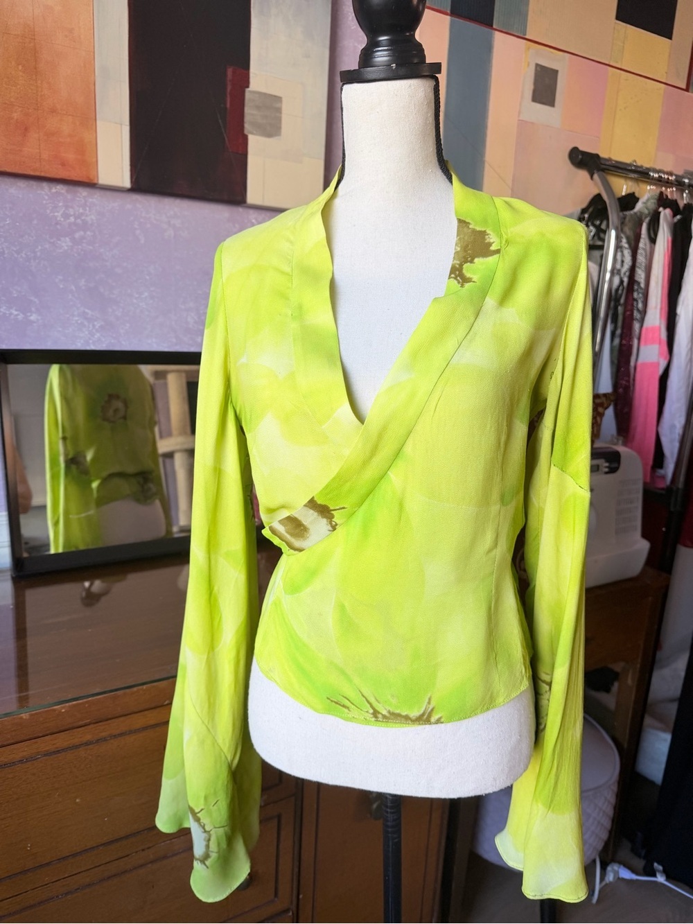 Yellow Green Wrap-Front Blouse with trumpet sleeves